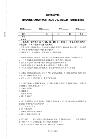 北京舞蹈学院《数字媒体艺术综合设计》2023-2024学年第一学期期末试卷