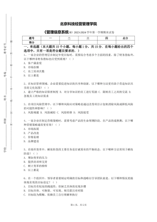 北京科技经营管理学院《管理信息系统B》2023-2024学年第一学期期末试卷
