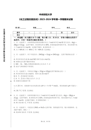 中央财经大学《化工过程仿真实训》2023-2024学年第一学期期末试卷