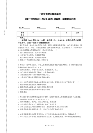 上海东海职业技术学院《审计综合实训》2023-2024学年第一学期期末试卷