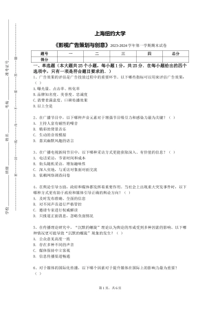 上海纽约大学《影视广告策划与创意》2023-2024学年第一学期期末试卷